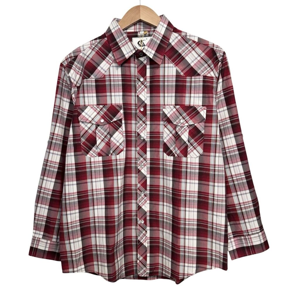 Coevals Club Mens Large Western Shirt Pearl Snap Roll Tab Long Sleeve Plaid Red